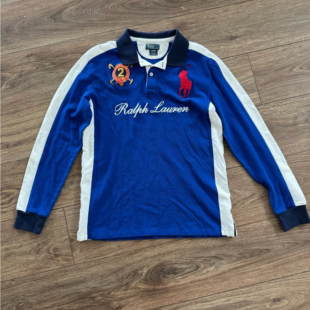 Ralph Lauren Blue and White Long Sleeve Polo